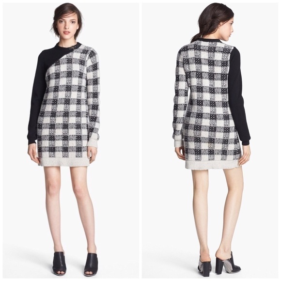 3.1 Phillip Lim Colorblock Plaid Sweater Dress Cashmere Leather M - Picture 1 of 8